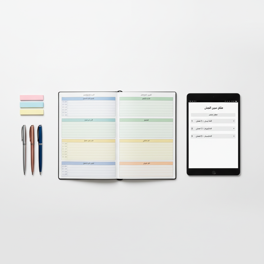 A minimalist flat-lay composition of academic planning tools on a pristine white surface, including a detailed weekly study planner in Arabic with color-coded sections, high-quality pens aligned carefully, sticky notes, and a sleek tablet showing a structured course outline. Soft overhead studio lighting produces even, shadowless illumination, highlighting crisp paper textures and the smooth metallic finishes of stationery. The mood is calm, organized, and highly professional, emphasizing precision and structure. Shot from a true bird’s-eye view for maximum clarity, with extra negative space around the objects to allow for text overlays. The photographic style is clean and modern, ideal for a premium academic services website homepage.