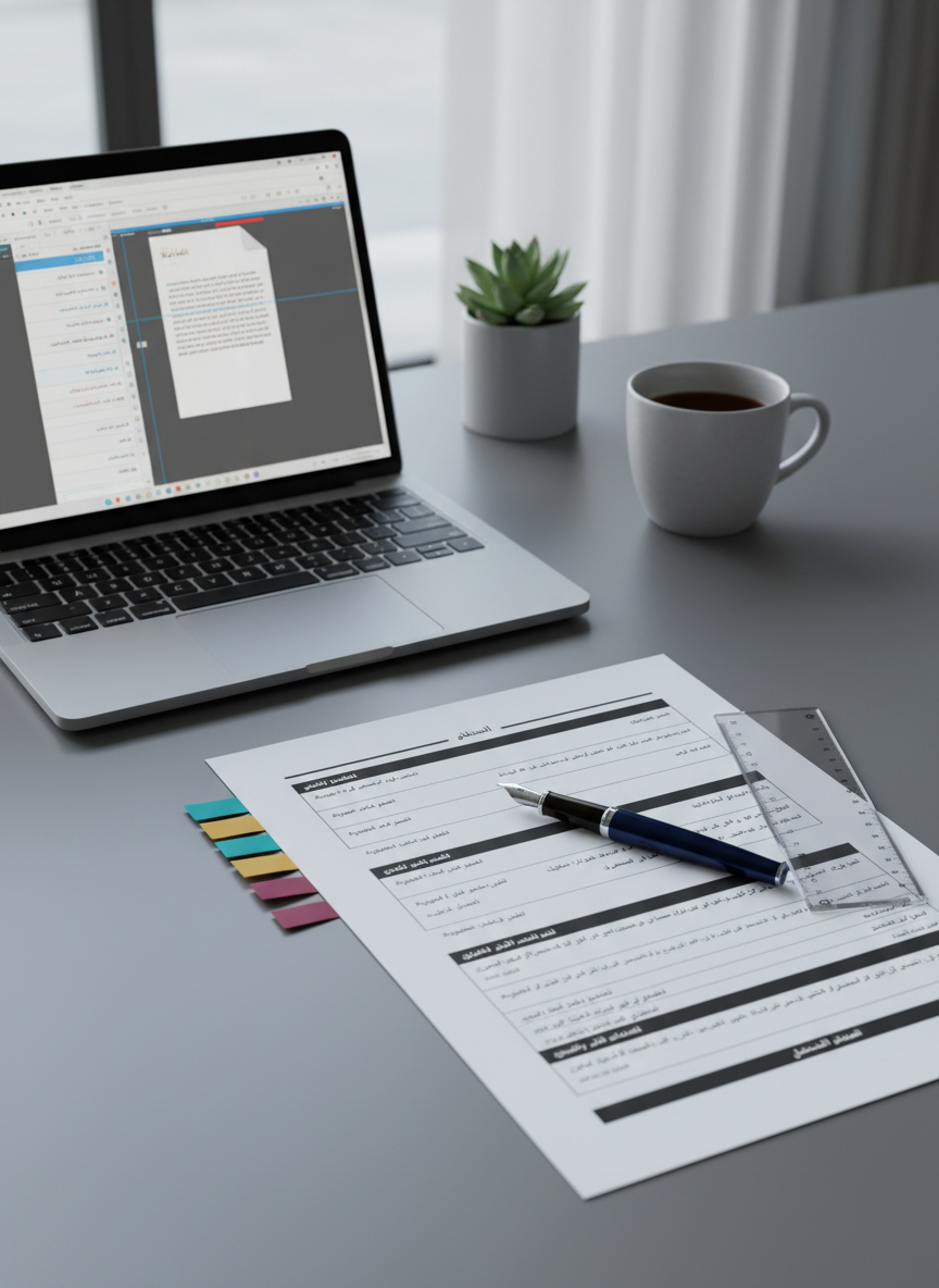 An elegant modern workspace showcasing academic document preparation, with a crisp printed research paper in Arabic placed on a smooth grey desk, featuring neatly formatted sections, headings, and references. A slim silver laptop beside it shows a detailed editing interface with tracked changes and comments. Nearby sit a refined fountain pen, a ruler, and color-coded sticky flags marking key sections. Cool, diffused daylight from a side window creates soft, even lighting and delicate paper shadows, reinforcing focus and clarity. Photographed from a slightly elevated angle with sharp focus throughout, the scene feels meticulous, reliable, and highly professional, emphasizing precision and quality in academic writing services in realistic photographic detail.