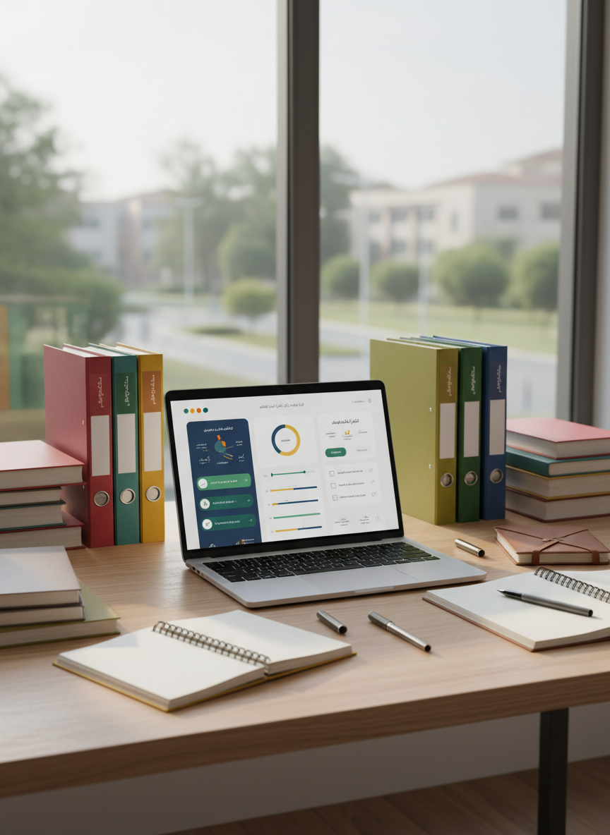 A neatly arranged study desk representing comprehensive academic services, featuring an open high-end laptop displaying a clean, modern dashboard of charts and checklists in Arabic, surrounded by organized stacks of colorful textbooks, glossy binders, and premium notebooks with metal spirals. The desk surface is smooth light oak, set in front of a large window overlooking a softly blurred university campus. Gentle morning daylight streams in, creating balanced, natural illumination with soft shadows and subtle reflections on the laptop screen. Photographed at eye level with slight depth of field, the scene feels professional, focused, and trustworthy. The photographic realism emphasizes clarity, order, and academic excellence, perfectly suited for a high-end educational services brand.