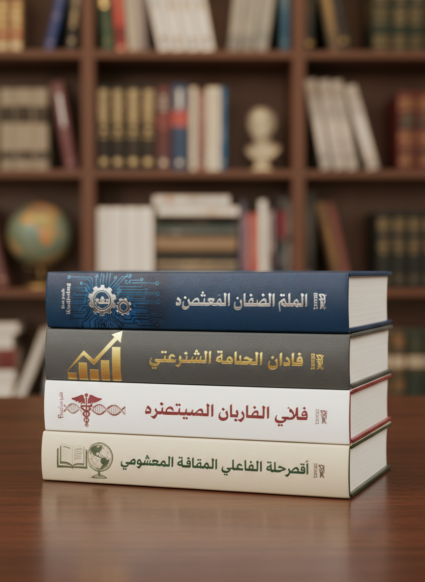 A close-up of a stack of specialized academic books in various fields—engineering, business, medicine, and humanities—arranged neatly on a polished dark wood table. Each book has a realistic, detailed cover design with Arabic titles in elegant typography, subtle gloss, and color accents. In the background, a blurred bookshelf filled with more resources suggests breadth of support. Soft, warm library lighting creates gentle highlights along the book spines and a cozy, studious atmosphere. Captured at a slightly low angle with shallow depth of field, the focus is sharp on the central titles, symbolizing diverse academic disciplines and top-tier educational guidance in a realistic, professional photographic style.
